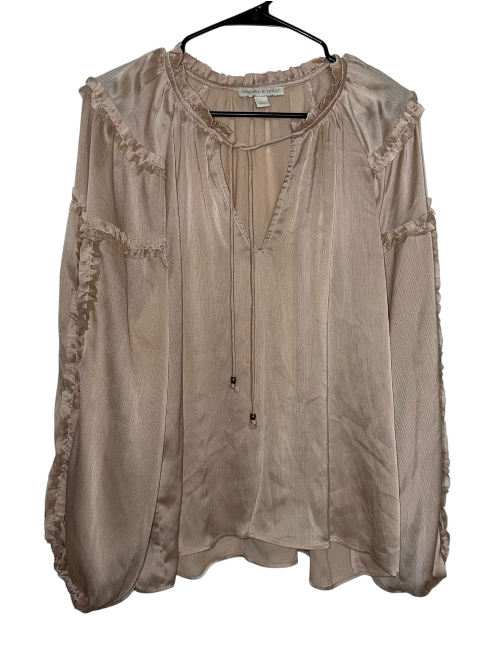 Chelsea & Violet Blush Beige Ruffle Tie-Neck Peasant Top